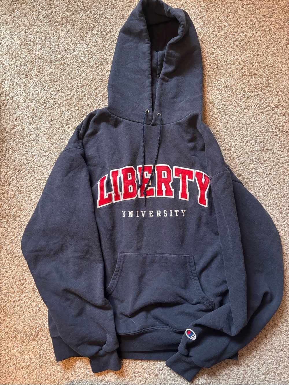Vintage Champion Navy Hoodie with Red Liberty University